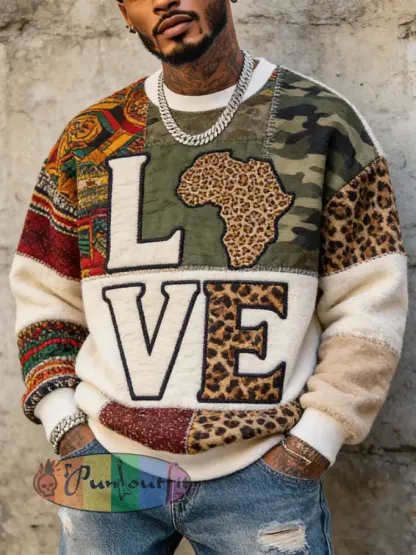 Men's Love Africa Map Camo Leopard Ethnic Pattern Patchwork Art Print Casual Flannel Sweatshirt