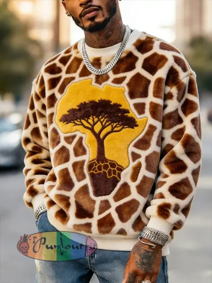 Men'S Giraffe Textured African Map Art Print Casual Flannel Sweatshirt