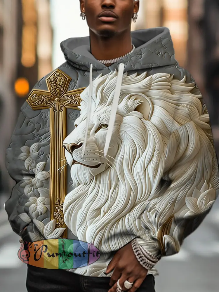 Men'S Retro Relief Lion And Golden Cross Art Print Hoodie