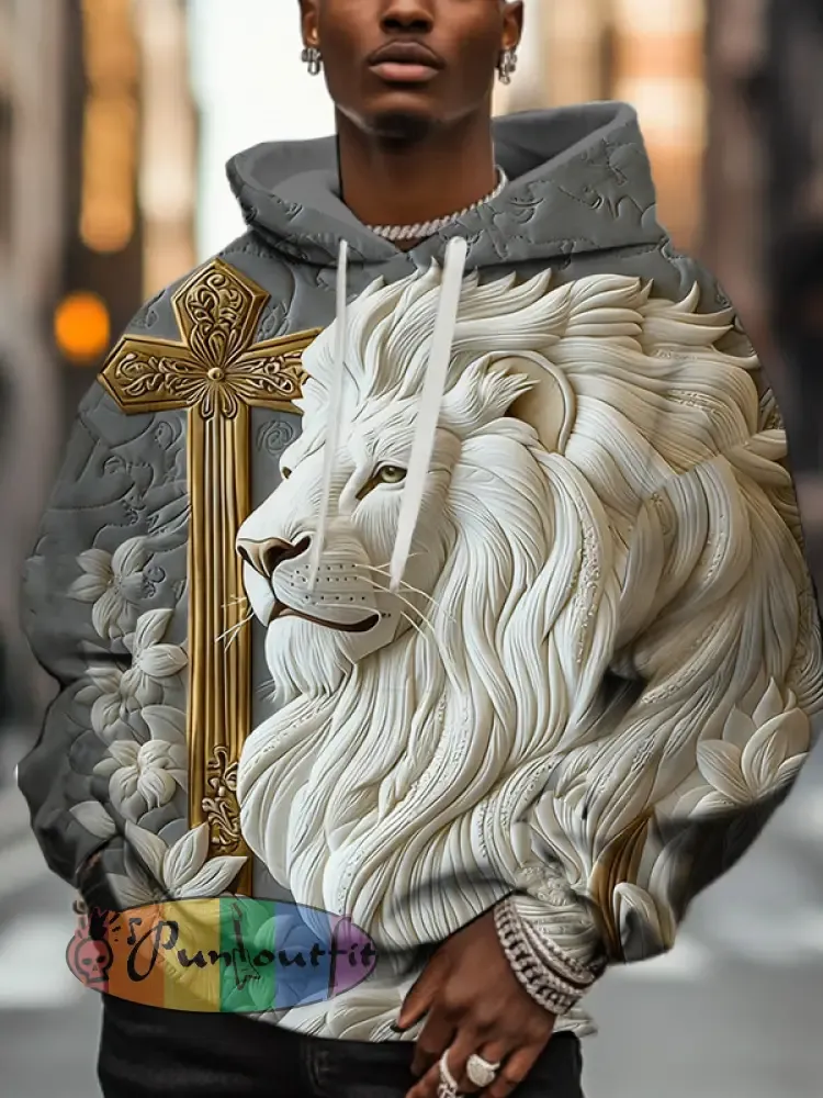 Men'S Retro Relief Lion And Golden Cross Art Print Hoodie