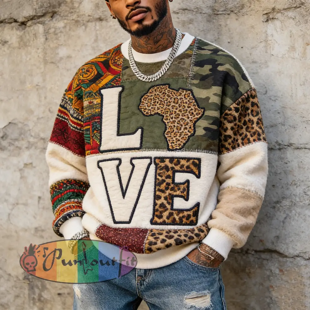 Men's Love Africa Map Camo Leopard Ethnic Pattern Patchwork Art Print Casual Flannel Sweatshirt