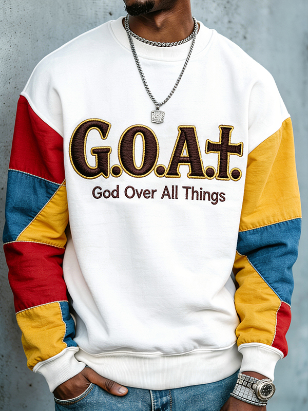 Men's Colorblock Goat God Over All Things Print Casual Sweatshirt
