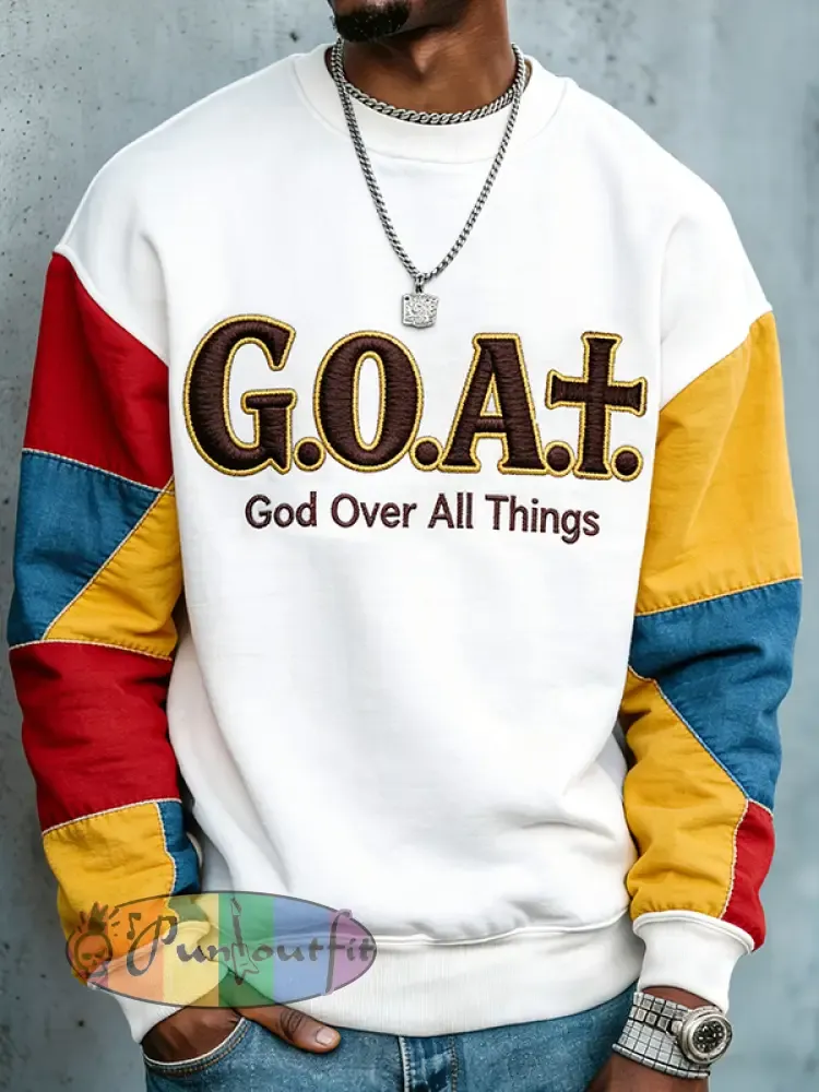 Men's Colorblock Goat God Over All Things Print Casual Sweatshirt