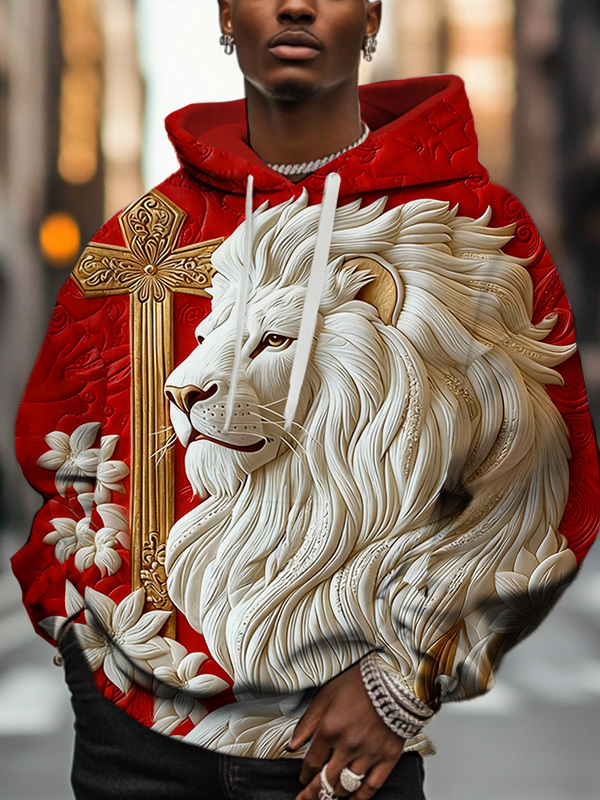 Men'S Retro Relief Lion And Golden Cross Art Print Hoodie