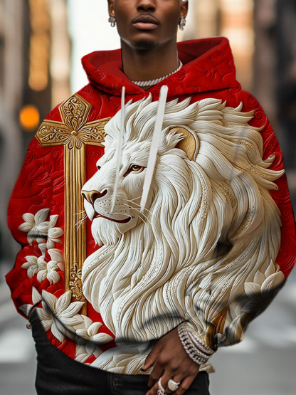 Men'S Retro Relief Lion And Golden Cross Art Print Hoodie