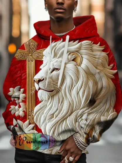 Men'S Retro Relief Lion And Golden Cross Art Print Hoodie