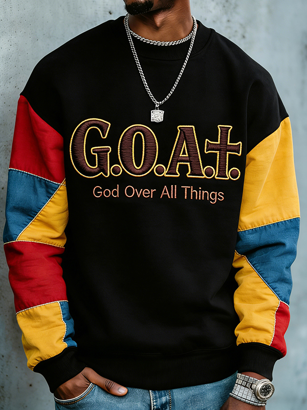 Men's Colorblock Goat God Over All Things Print Casual Sweatshirt