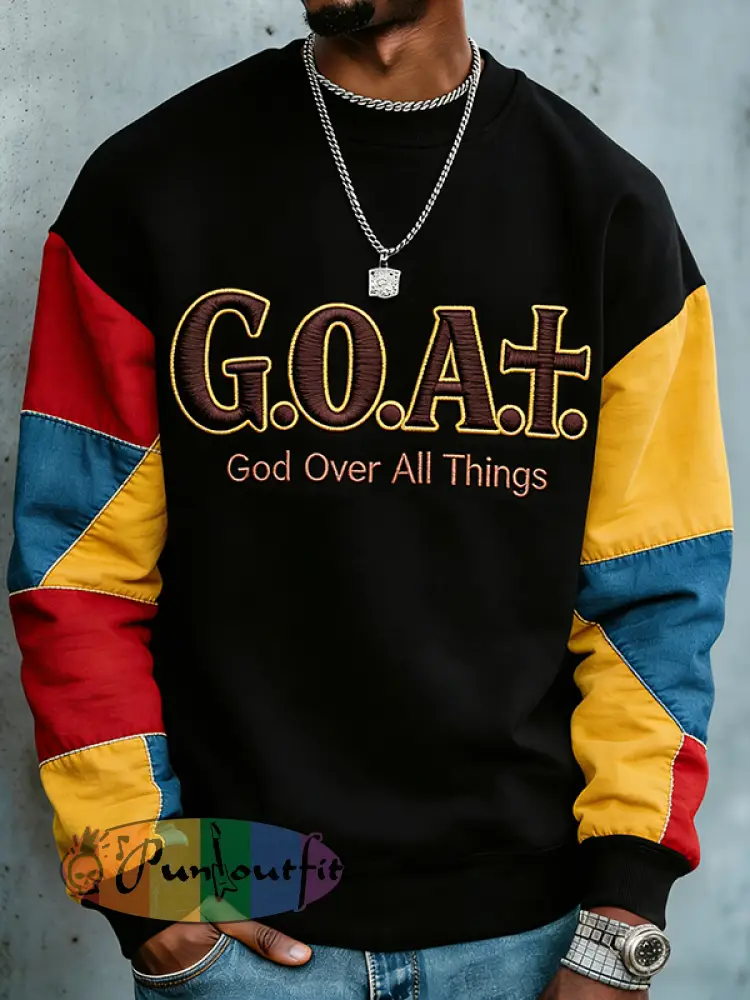 Men's Colorblock Goat God Over All Things Print Casual Sweatshirt