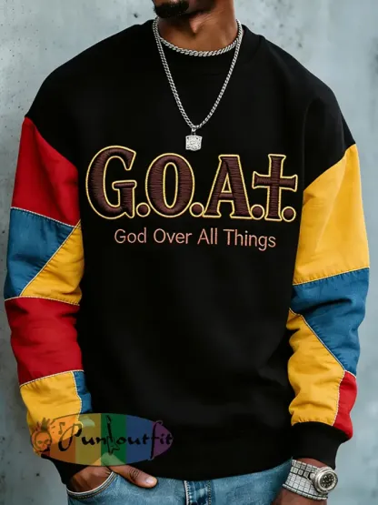 Men's Colorblock Goat God Over All Things Print Casual Sweatshirt