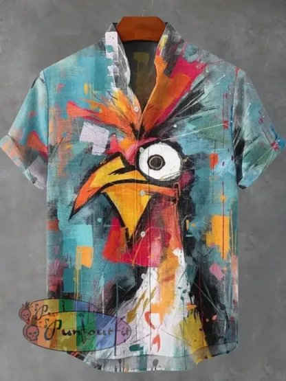 Abstract Art Color Block Combination Rooster Decorative Pattern Casual 100% Cotton Shirt Multicolor / S NEW IN