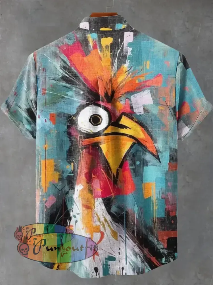 Abstract Art Color Block Combination Rooster Decorative Pattern Casual 100% Cotton Shirt NEW IN