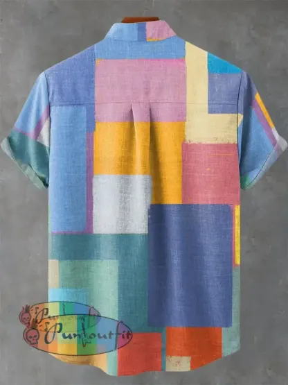 Abstract Art Colorful Geometric Squares Decoration Pattern Casual 100% Cotton Shirt GEOMETRIC ART DESIGN