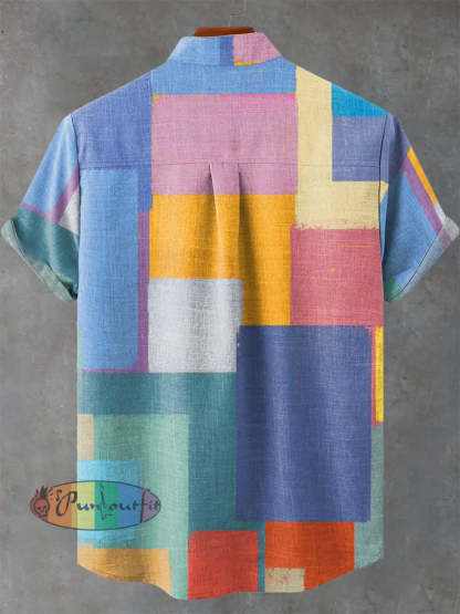 Abstract Art Colorful Geometric Squares Decoration Pattern Casual 100% Cotton Shirt GEOMETRIC ART DESIGN