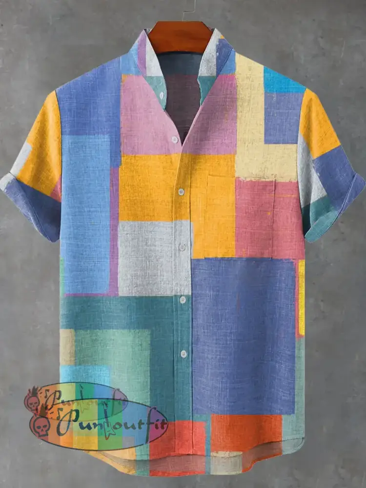 Abstract Art Colorful Geometric Squares Decoration Pattern Casual 100% Cotton Shirt Multicolor / S GEOMETRIC ART DESIGN
