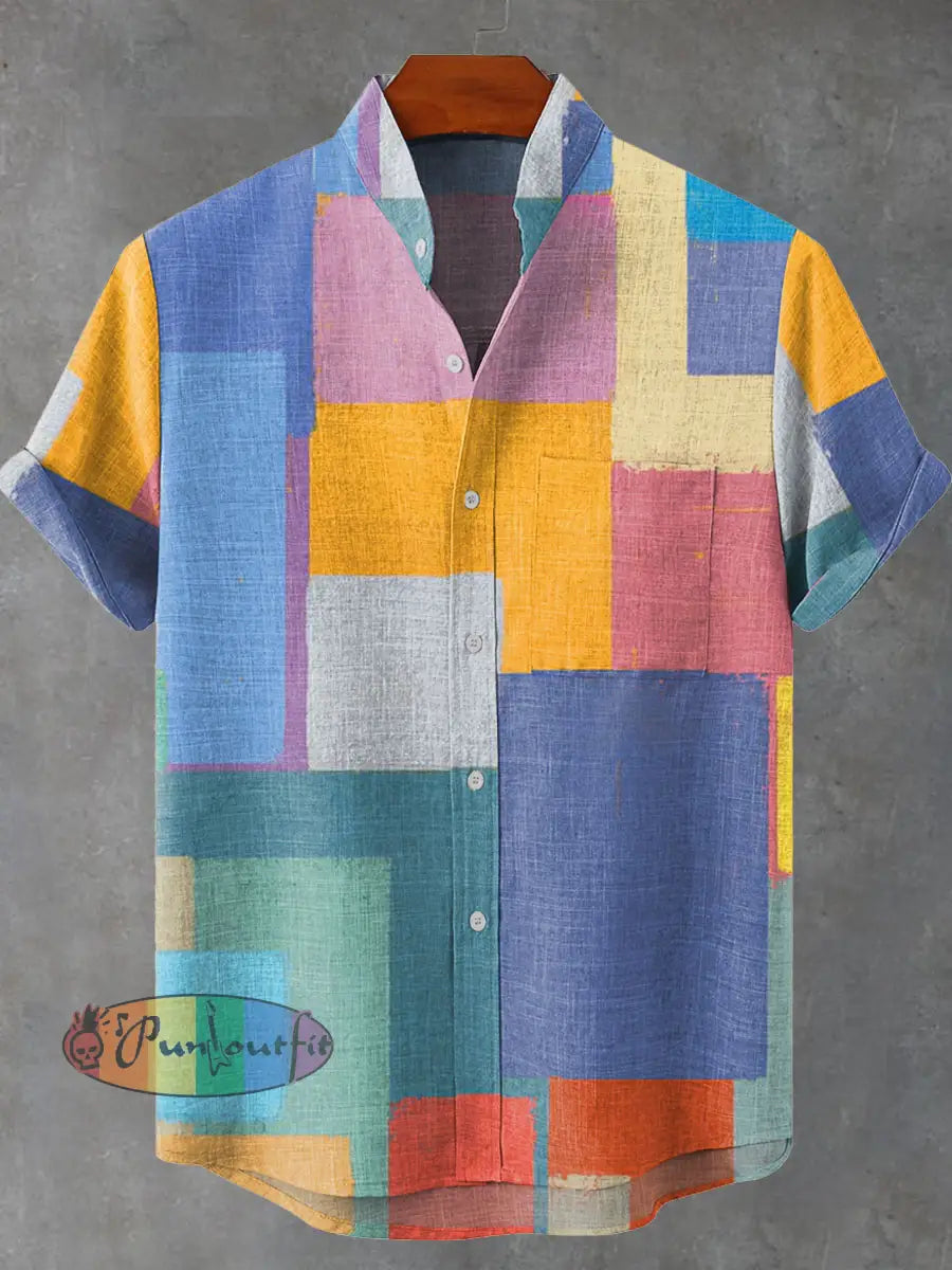 Abstract Art Colorful Geometric Squares Decoration Pattern Casual 100% Cotton Shirt Multicolor / S GEOMETRIC ART DESIGN