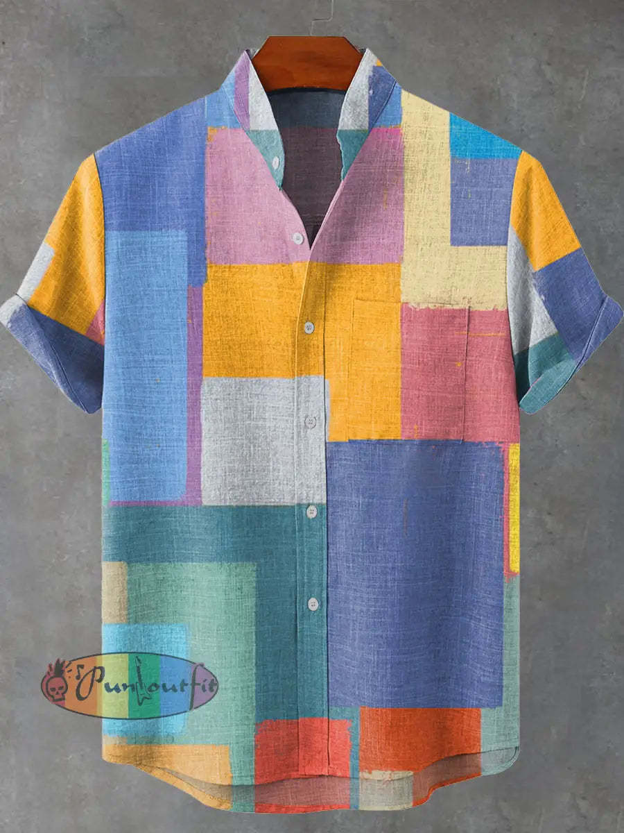 Abstract Art Colorful Geometric Squares Decoration Pattern Casual 100% Cotton Shirt Multicolor / S GEOMETRIC ART DESIGN