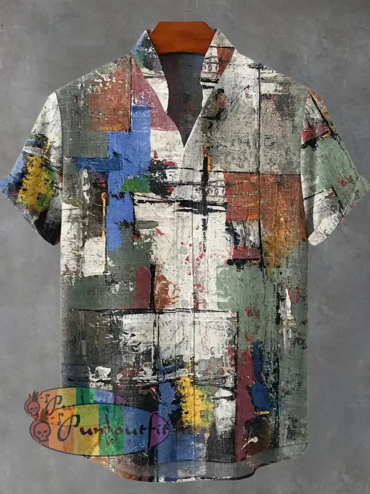 Abstract Art Colorful Oil Painting Color Block Decoration Pattern Casual 100% Cotton Shirt Multicolor / S GEOMETRIC ART