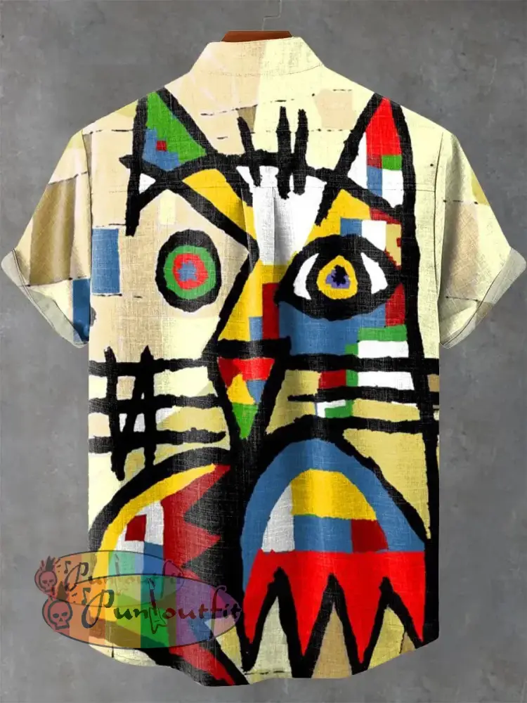 Abstract Art Design Cat Vintage Print Casual 100% Cotton Shirt GEOMETRIC ART DESIGN