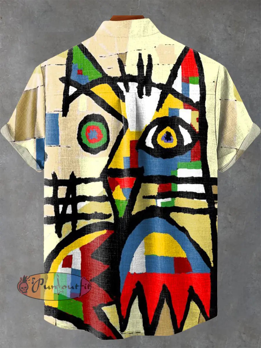 Abstract Art Design Cat Vintage Print Casual 100% Cotton Shirt GEOMETRIC ART DESIGN