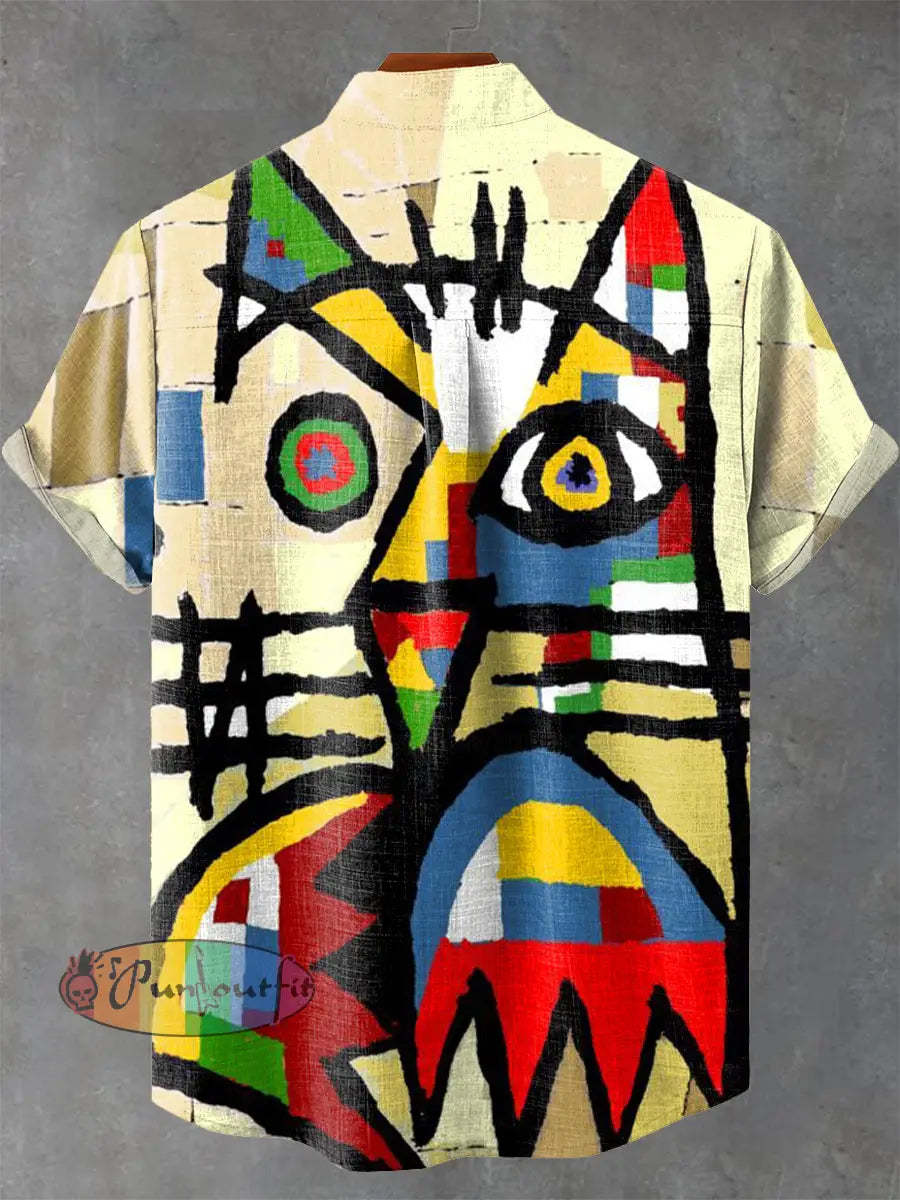 Abstract Art Design Cat Vintage Print Casual 100% Cotton Shirt GEOMETRIC ART DESIGN