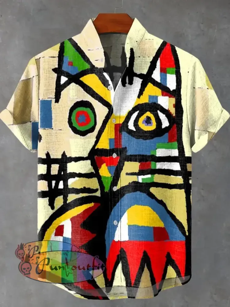 Abstract Art Design Cat Vintage Print Casual 100% Cotton Shirt Multicolor / S GEOMETRIC ART DESIGN