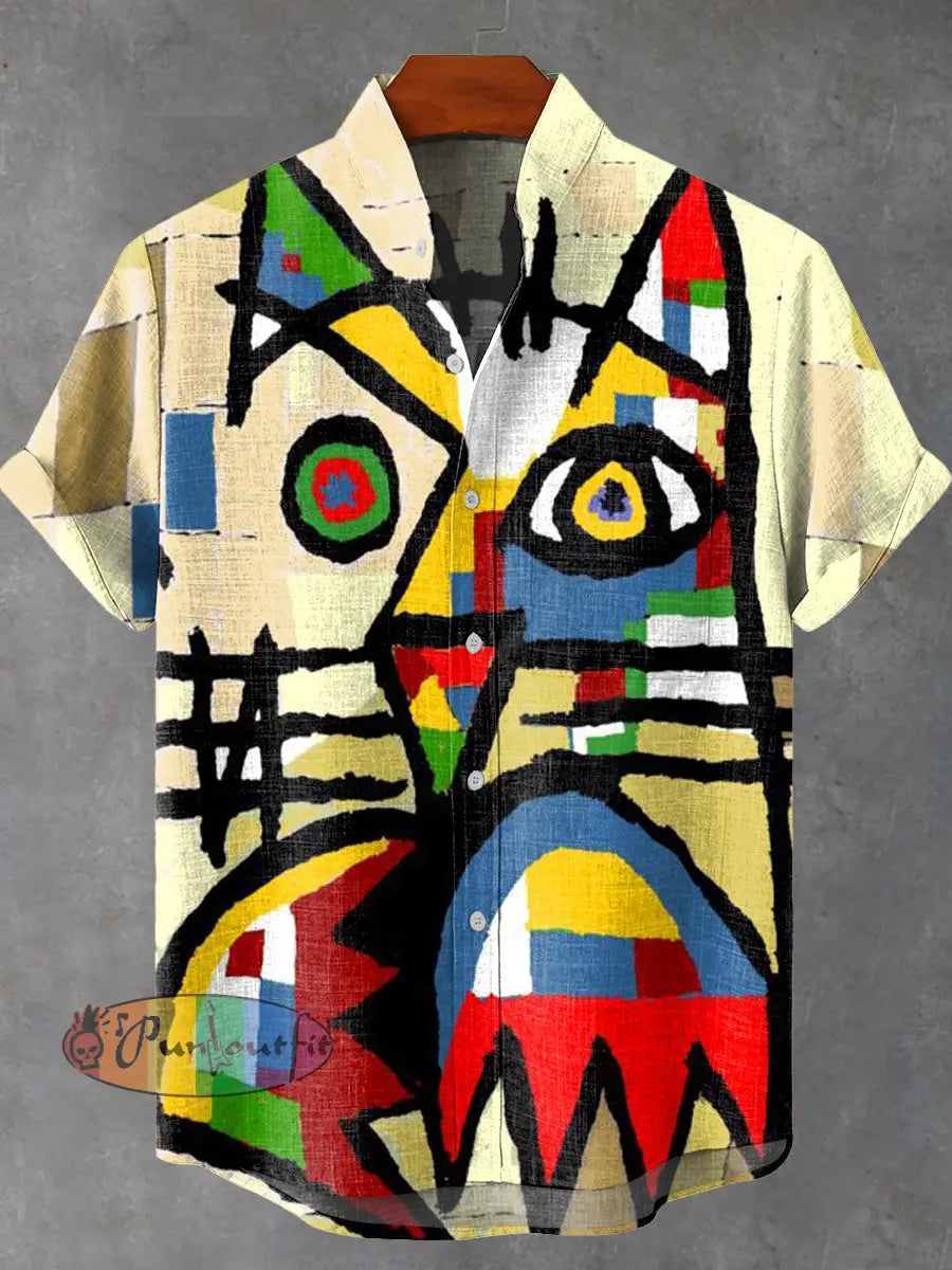 Abstract Art Design Cat Vintage Print Casual 100% Cotton Shirt Multicolor / S GEOMETRIC ART DESIGN