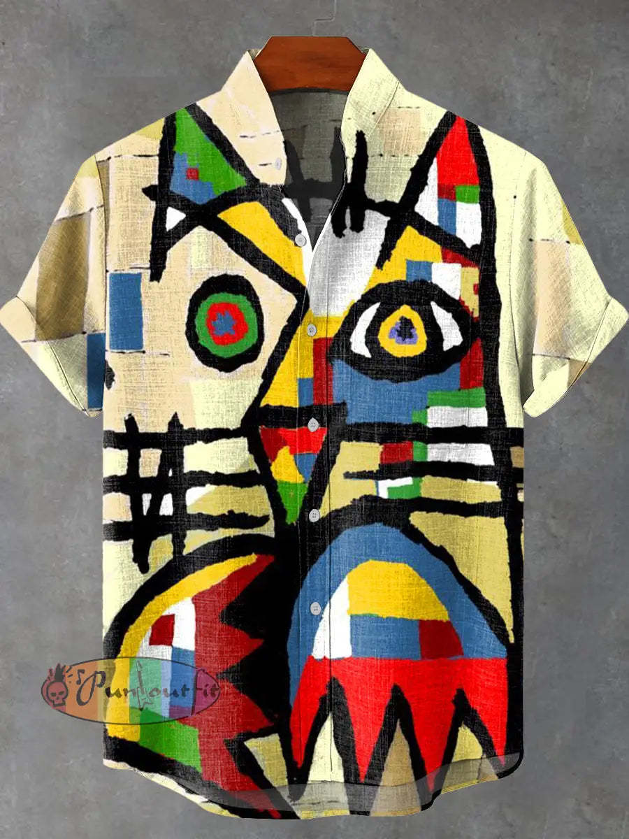 Abstract Art Design Cat Vintage Print Casual 100% Cotton Shirt Multicolor / S GEOMETRIC ART DESIGN
