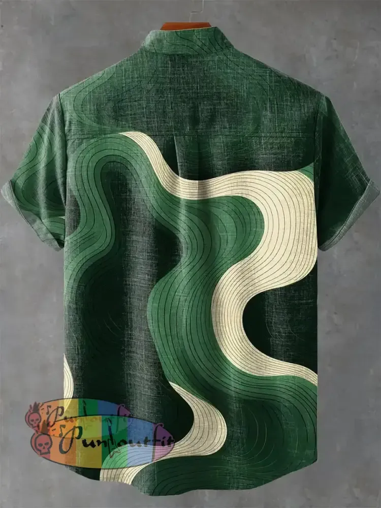 Abstract Green Geometric Stripes Vintage Print Casual 100% Cotton Shirt GEOMETRIC ART DESIGN