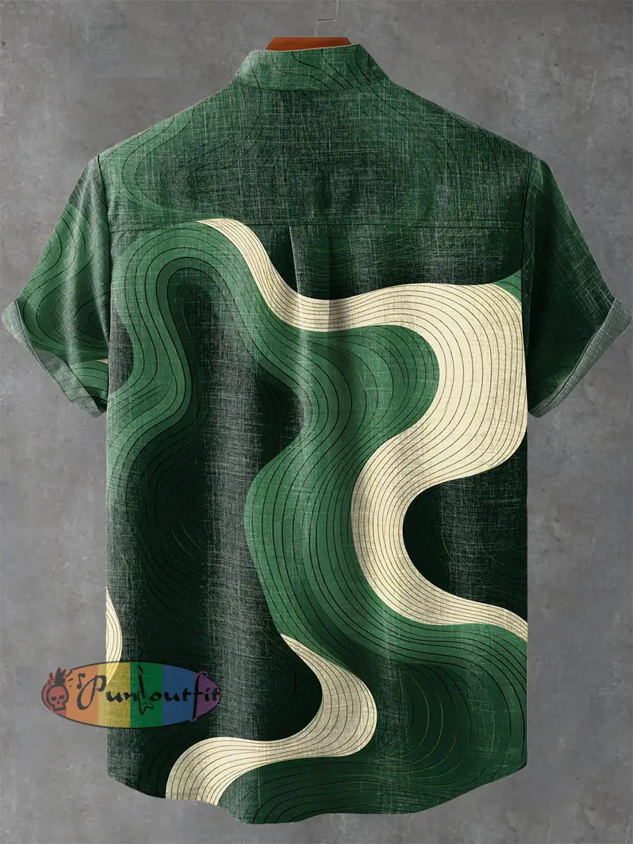 Abstract Green Geometric Stripes Vintage Print Casual 100% Cotton Shirt GEOMETRIC ART DESIGN