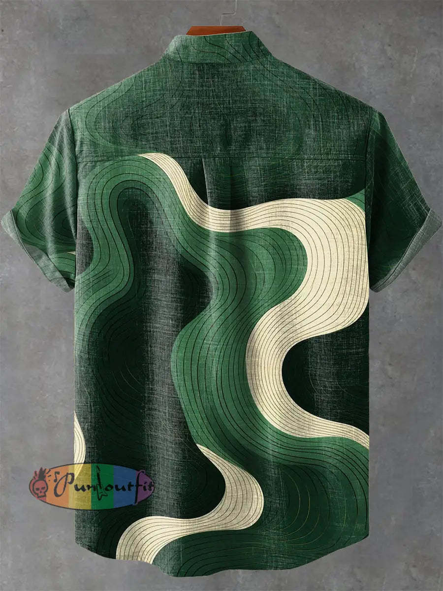 Abstract Green Geometric Stripes Vintage Print Casual 100% Cotton Shirt GEOMETRIC ART DESIGN