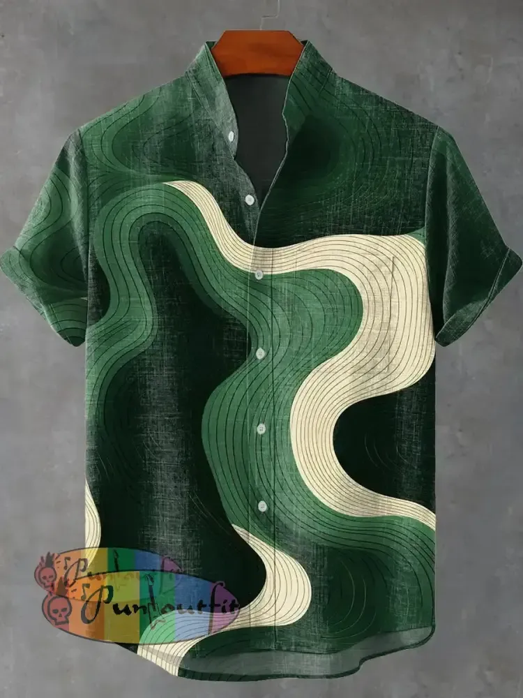 Abstract Green Geometric Stripes Vintage Print Casual 100% Cotton Shirt Multicolor / S GEOMETRIC ART DESIGN