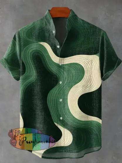 Abstract Green Geometric Stripes Vintage Print Casual 100% Cotton Shirt Multicolor / S GEOMETRIC ART DESIGN