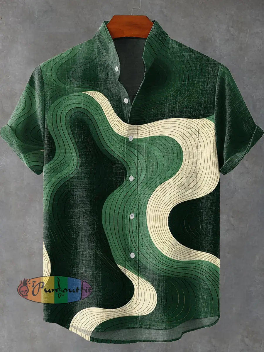 Abstract Green Geometric Stripes Vintage Print Casual 100% Cotton Shirt Multicolor / S GEOMETRIC ART DESIGN