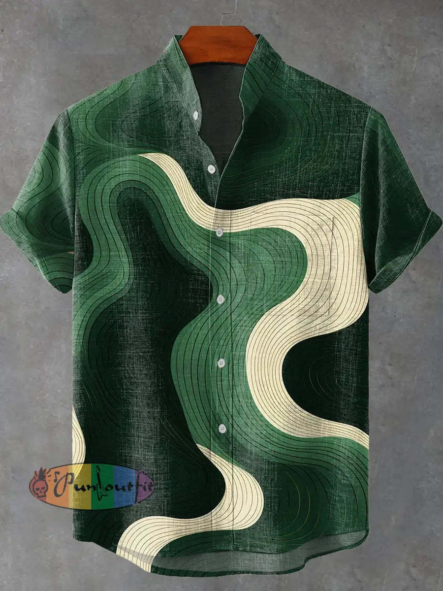 Abstract Green Geometric Stripes Vintage Print Casual 100% Cotton Shirt Multicolor / S GEOMETRIC ART DESIGN