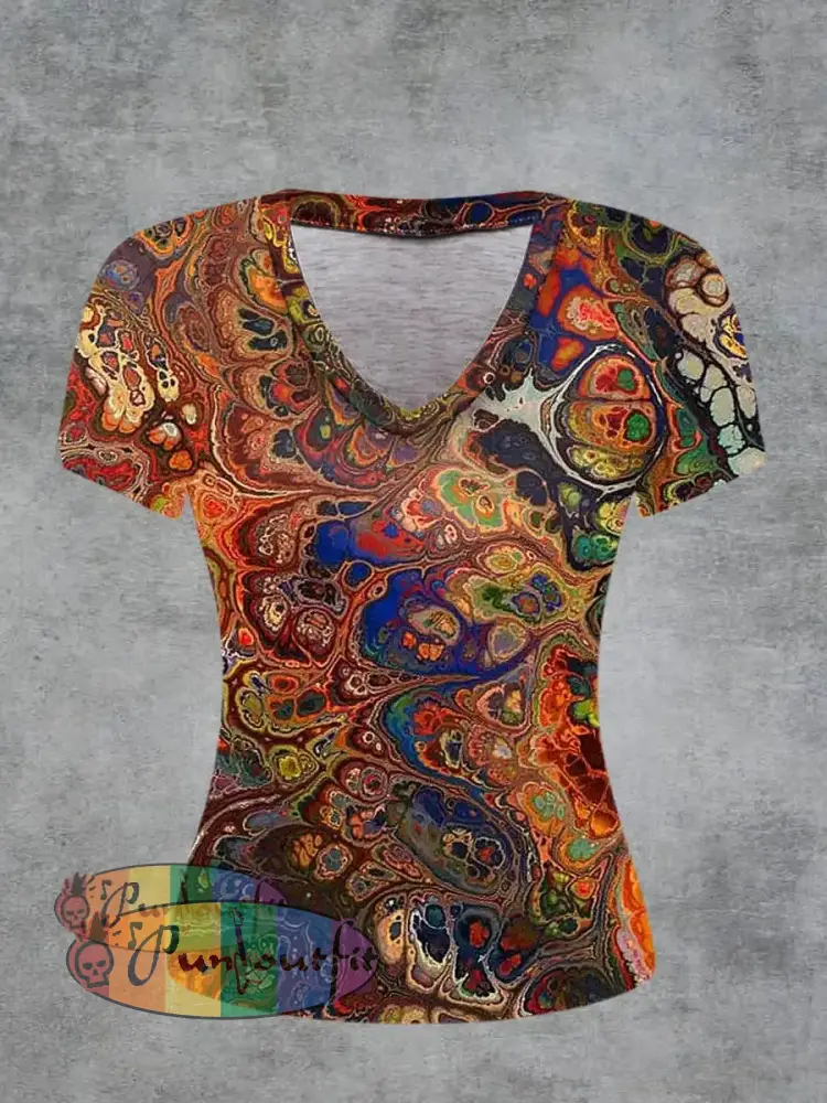 Abstract Printed Vintage Fashion Loose V-Neck Short Sleeve T-Shirt Colorful / S