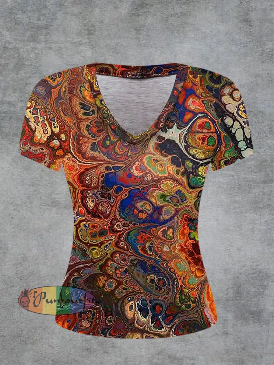 Abstract Printed Vintage Fashion Loose V-Neck Short Sleeve T-Shirt Colorful / S