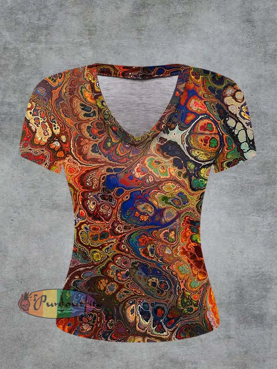 Abstract Printed Vintage Fashion Loose V-Neck Short Sleeve T-Shirt Colorful / S