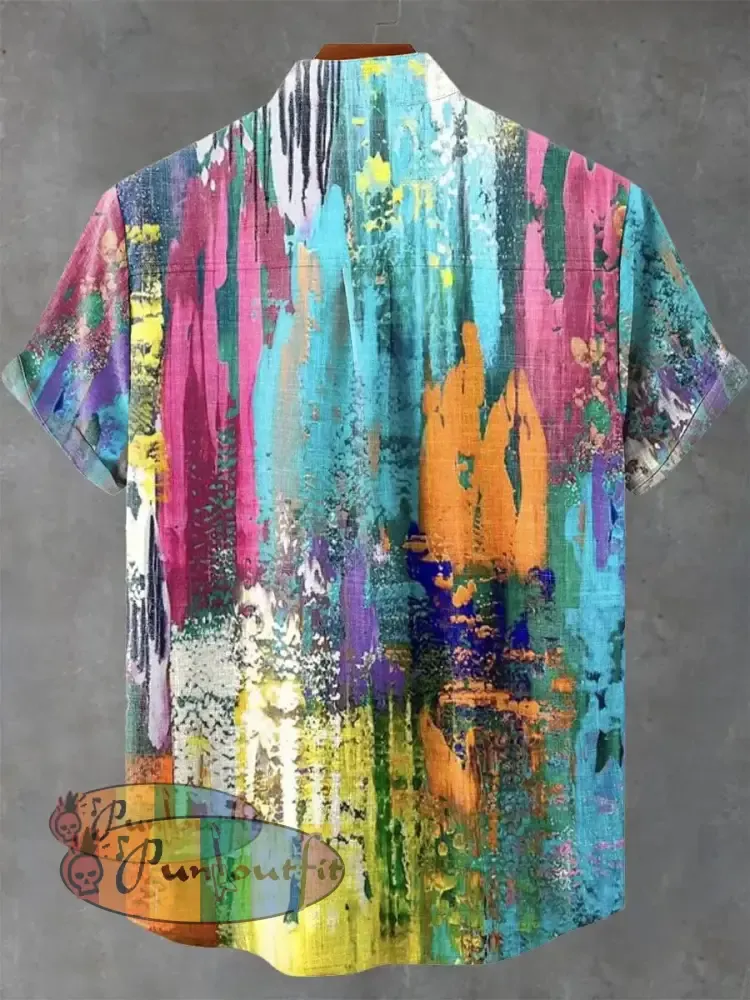 Art Retro Distressed Color Mottled Traces Print Casual 100% Cotton Shirt GEOMETRIC ART DESIGN