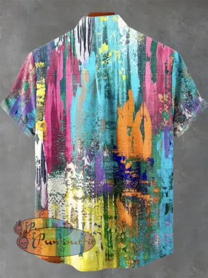 Art Retro Distressed Color Mottled Traces Print Casual 100% Cotton Shirt GEOMETRIC ART DESIGN