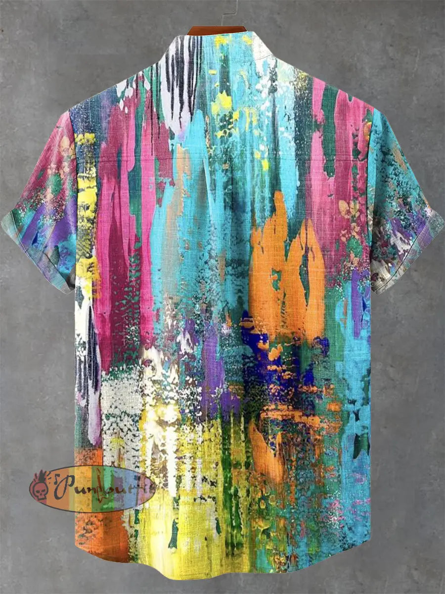Art Retro Distressed Color Mottled Traces Print Casual 100% Cotton Shirt GEOMETRIC ART DESIGN