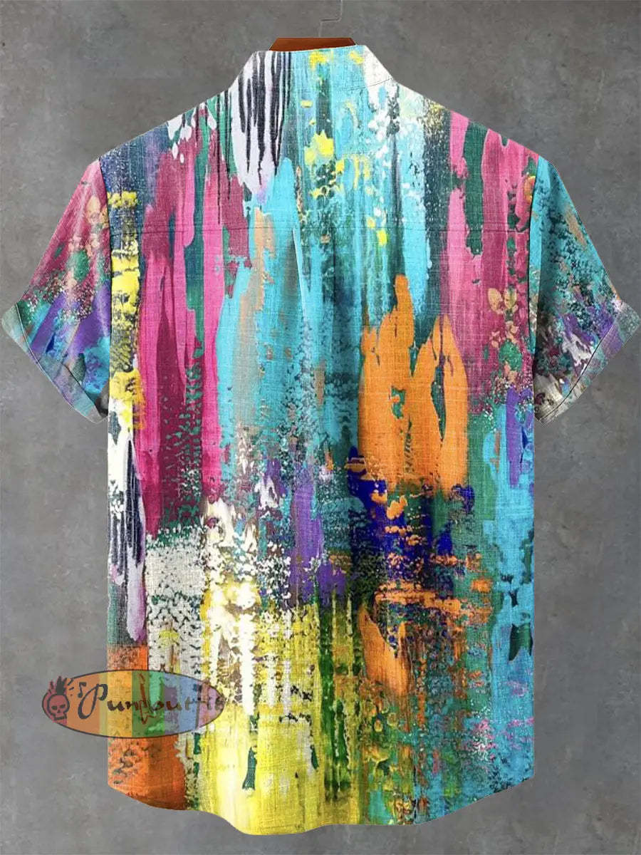 Art Retro Distressed Color Mottled Traces Print Casual 100% Cotton Shirt GEOMETRIC ART DESIGN