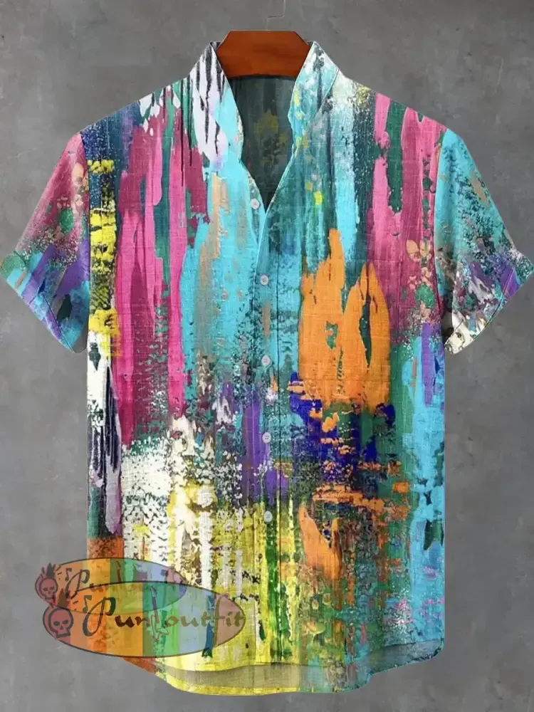 Art Retro Distressed Color Mottled Traces Print Casual 100% Cotton Shirt Multicolor / S GEOMETRIC ART DESIGN
