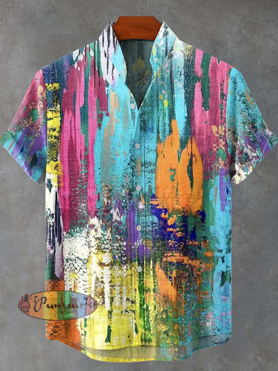 Art Retro Distressed Color Mottled Traces Print Casual 100% Cotton Shirt Multicolor / S GEOMETRIC ART DESIGN