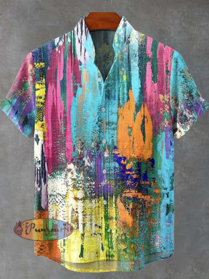 Art Retro Distressed Color Mottled Traces Print Casual 100% Cotton Shirt Multicolor / S GEOMETRIC ART DESIGN