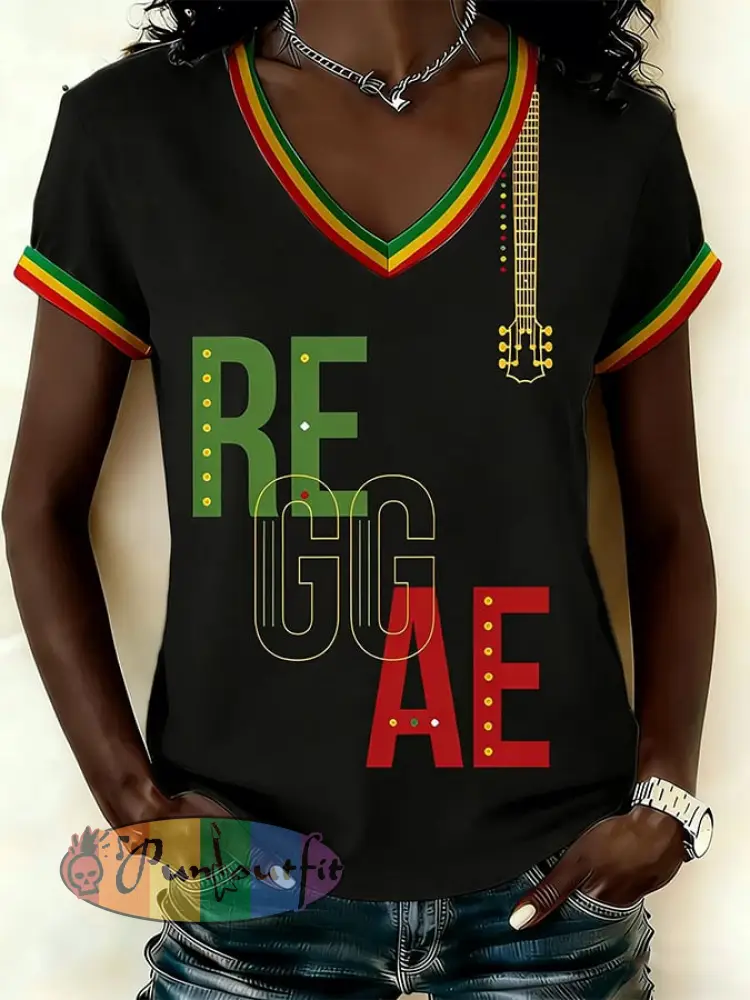 Women’s Reggae Music Print V-Neck T-Shirt