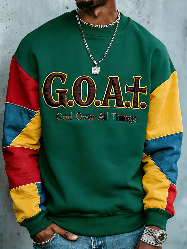 Men's Colorblock Goat God Over All Things Print Casual Sweatshirt