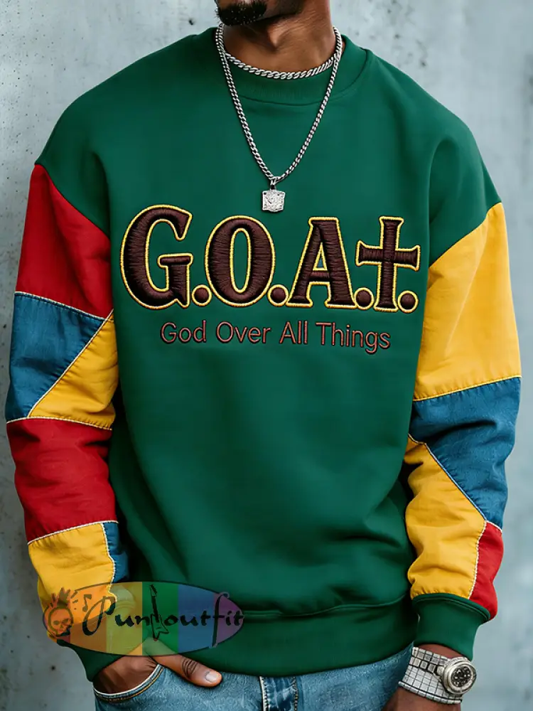 Men's Colorblock Goat God Over All Things Print Casual Sweatshirt