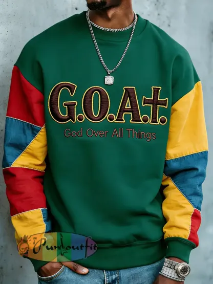 Men's Colorblock Goat God Over All Things Print Casual Sweatshirt
