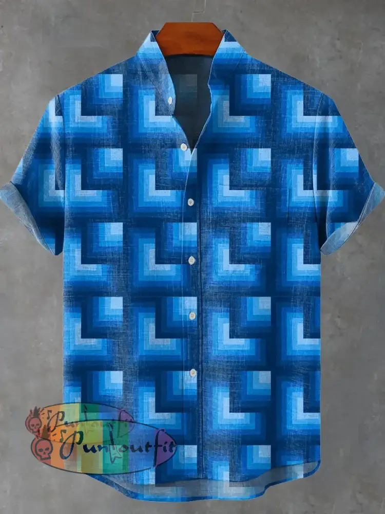 Blue geometry gradation Vintage Print Casual 100% Cotton Shirt Multicolor / S GEOMETRIC ART DESIGN