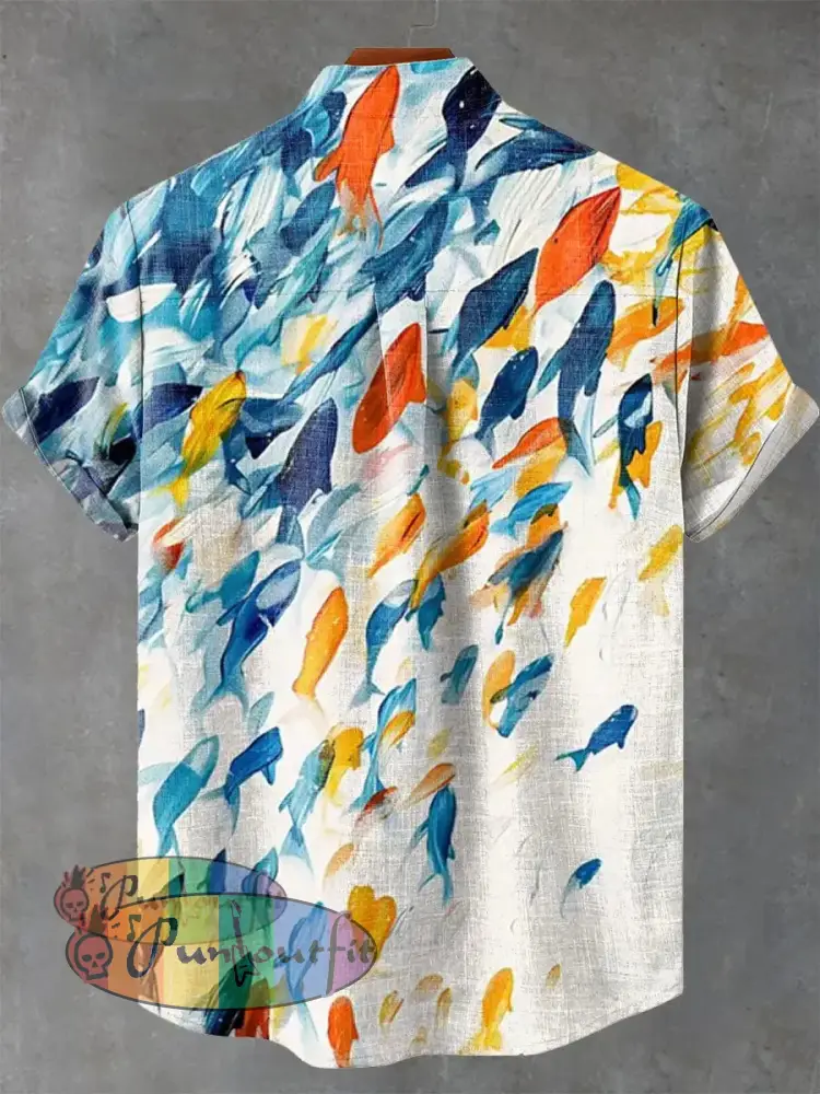 Blue Orange Abstract Fish Shoal Print Casual 100% Cotton Shirt GEOMETRIC ART DESIGN